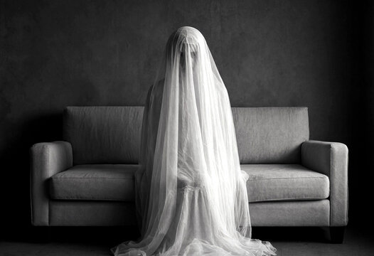 Mysterious figure draped in a long veil sitting in front of a modern couch in moody lighting
