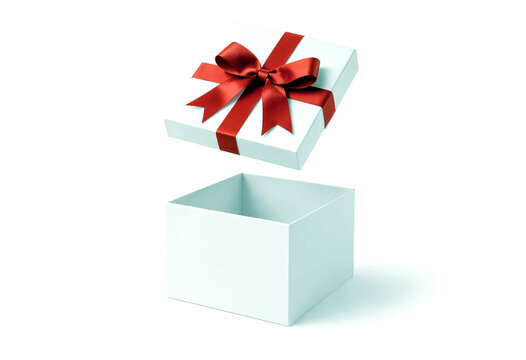 Open white gift box with a red satin ribbon bow floating above it