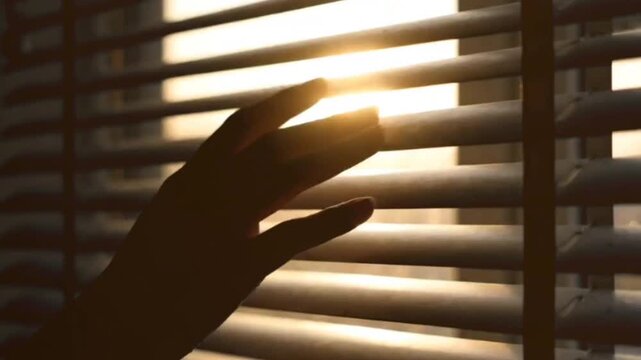 Sunlight streams through window blinds as a hand gently adjusts them revealing warm golden light, atmospheric and peaceful mood.