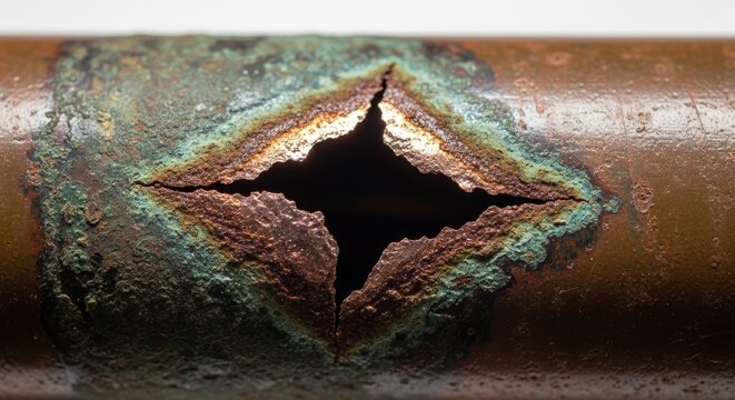 Close-up of old copper pipe with hole showing rust and corrosion. Old copper pipe features a noticeable opening with jagged edges revealing deterioration and wear, emphasizing plumbing concerns.