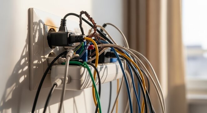 Overloaded socket shows multiple power plugs, tangled wires from single wall outlet. Dangerous overloaded socket highlights severe electrical fire risk. For electrical and plumbing safety campaigns,