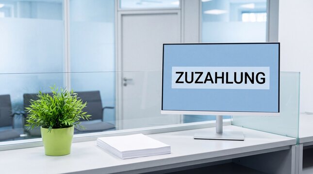 Zuzahlung auf Monitor an leerer Beratungstheke in Halbtotale