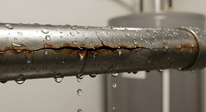 Cracked pipe near water heater with rust and water droplets visible. Pipe damage near water heater shows significant signs of wear, highlighting the importance of timely repairs for plumbing systems.