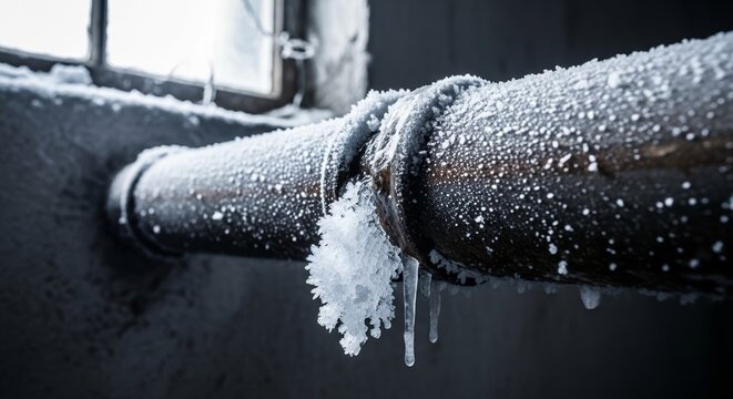 Frozen pipe in dimly lit basement with frost and ice accumulation creating an atmospheric effect. Pipe showcases winter conditions, with water droplets turning to ice,