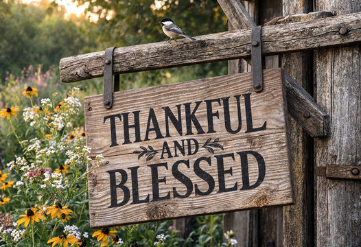 Rustic wooden sign with thankful and blessed message hanging on a gate in a garden scene