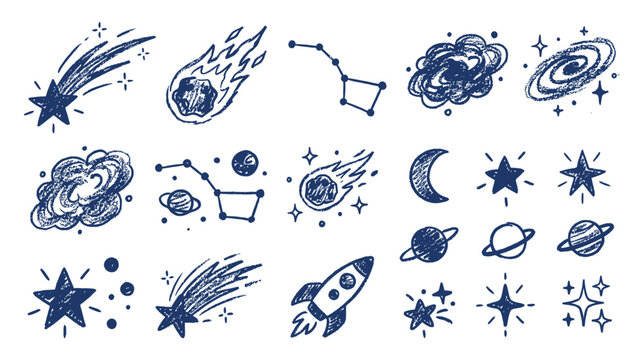 Hand-drawn space doodles isolated on transparent background