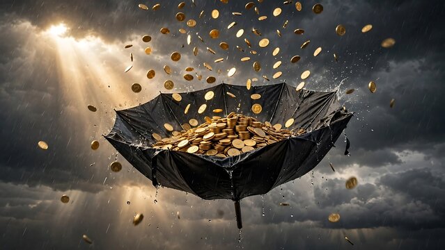Upside down umbrella catching falling gold coins during a stormy rain