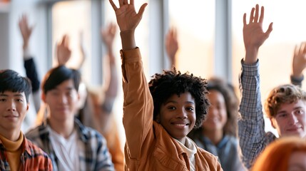 Fototapeta premium Diverse Students Raising Hands in Sunlit Classroom