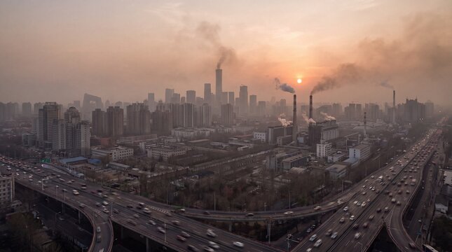 Industrial city skyline features heavy smog and smoke rising from tall chimneys at sunset above a busy highway.