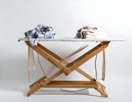 Wooden ironing board holding a pile of unpressed laundry.