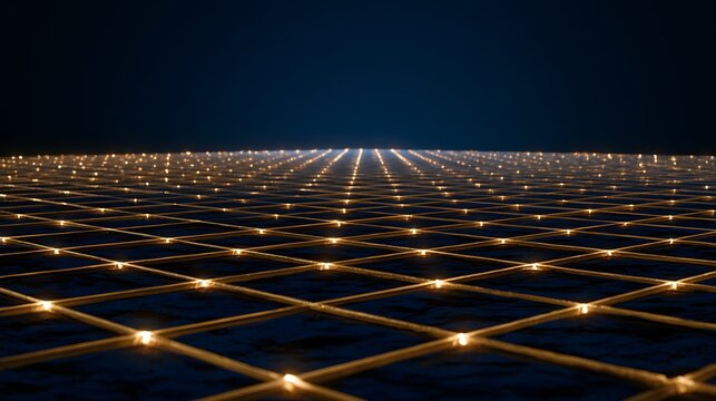 abstract geometric grid glowing on dark navy background