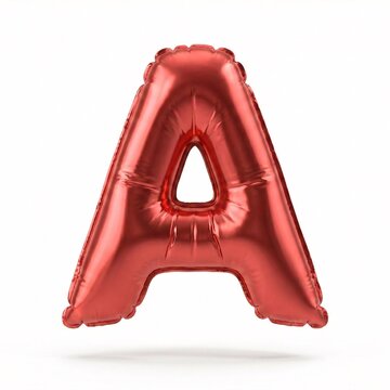 Red shiny foil balloon letter A for celebrations. Glossy metallic party decoration floating in air with reflections.