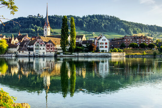 Medieval architecture and Rhine riverfront in Summer, Stein am Rhein