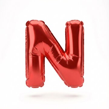 3D red metallic balloon letter N for celebration. Glossy foil party decor number or initial for events and branding.