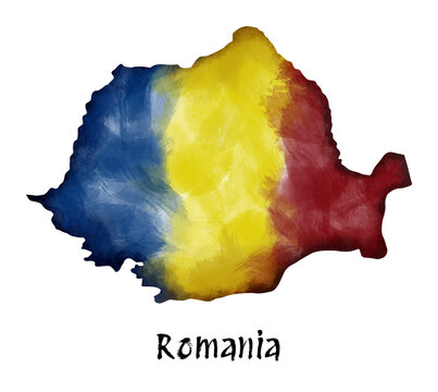 Romania map with flag watercolor brush stroke painting isolated illustration PNG Transparent Background