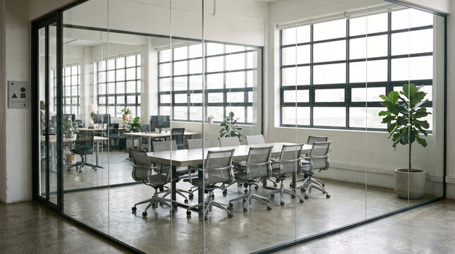 Bright modern office with glass walled meeting room