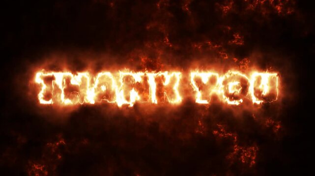 Animated Thank You text made of bright orange fire burning on a black background.
