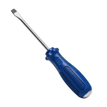 Flat head screwdriver with a blue plastic handle isolated on transparent background