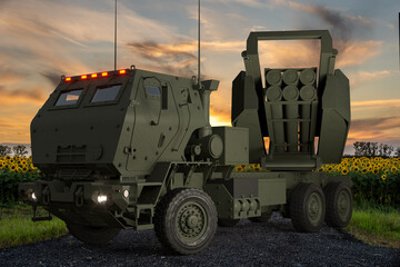 Obraz premium HIMARS rocket launchers on combat duty.3D rendering. 