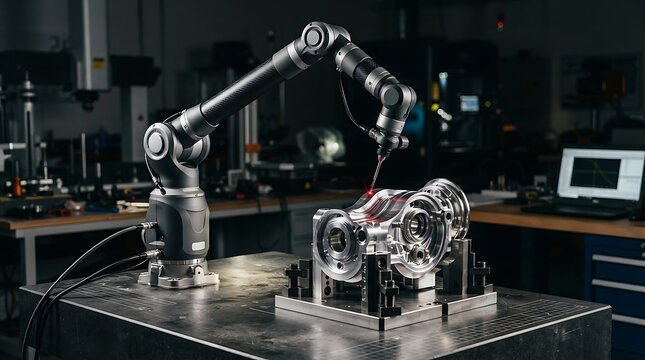 Industrial robotic arm assembling precision machinery in modern workshop.