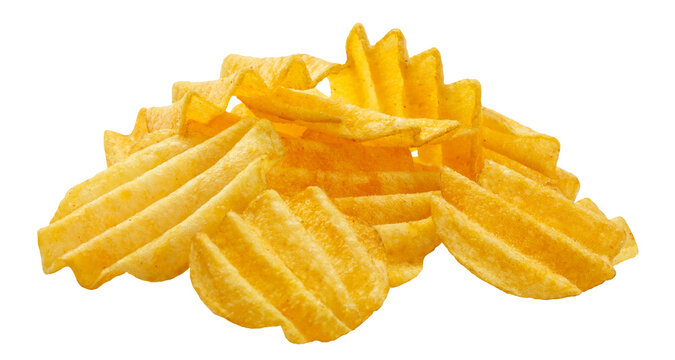 Crispy ridged potato chips arranged in a heap, isolated on transparent cutout background
