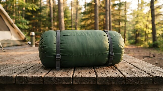 Green sleeping bag on wooden table in forest campsite.