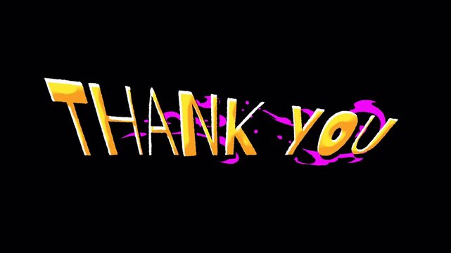Animated Thank You text with glowing golden letters and purple light effects on a black background.