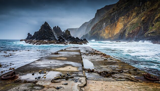 Dramatic coastal landscape with stone pier, rugged sea stacks and crashing waves, moody ocean scenery under stormy clouds, dark volcanic rock cliffs