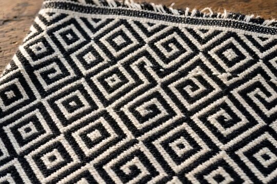 A close-up image of a black and white woven fabric lavishly decorated with patterns