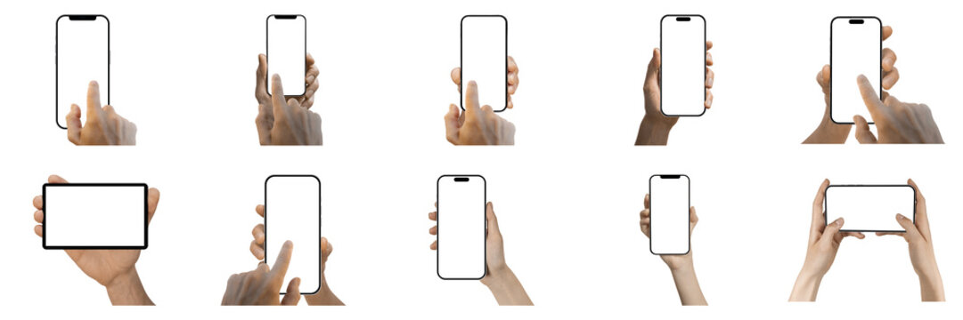 Set collection of phones in hand on transparent background