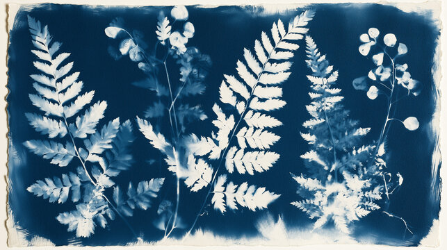 Cyanotype Print of Ferns and Botanical Seed Pods.