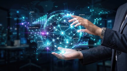 Fototapeta premium Futuristic hands touching holographic global network sphere with data trends and growth charts, digital transformation and big data connectivity business concept
