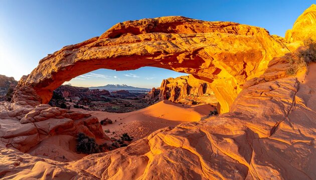 Majestic Natural Sandstone Arch in Desert Landscape at Golden Hour Sunset