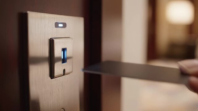 Hand inserting hotel key card into electronic door lock for room access