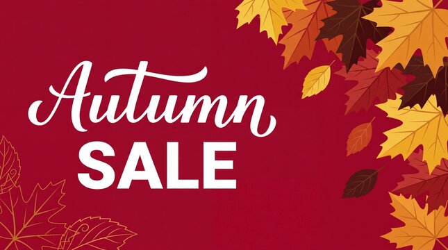 Autumn sale promotional graphic featuring colorful leaves on a red background with stylish text for seasonal marketing campaigns