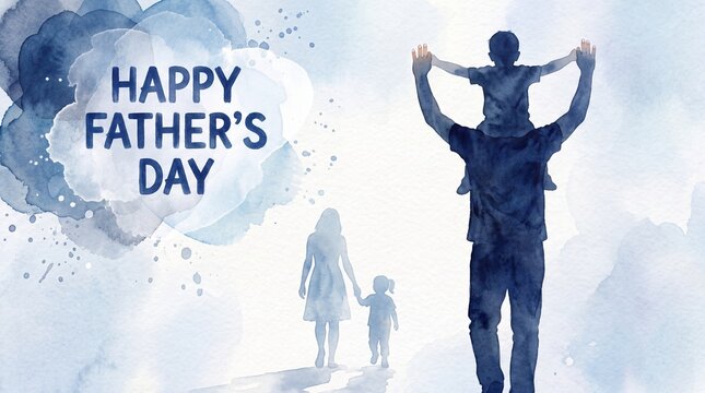 Watercolor illustration depicting a father carrying a child on shoulders, with a mother and another child walking, celebrating Father's Day