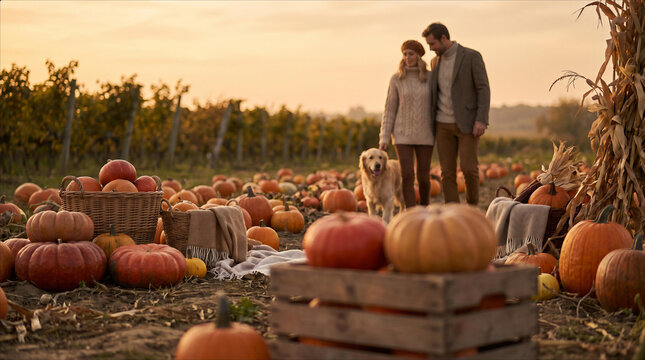 Couple Walking Through Pumpkin Patch During Golden Hour With Golden Retriever Dog Autumn Harvest Season Activity Warm Sunset Light Vibrant Seasonal Farm Field Outdoor Rural Landscape Lifestyle, Farm