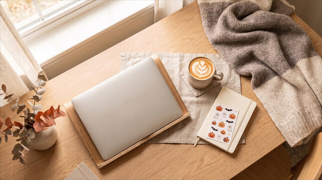 Minimalist Autumn Workspace Aesthetic Featuring Closed Laptop on Wood Stand Beside Hot Coffee Cup, Notebook Decorated With Festive Halloween Stickers Cozy Fall Season Desk Setup Remote Digital Nomad
