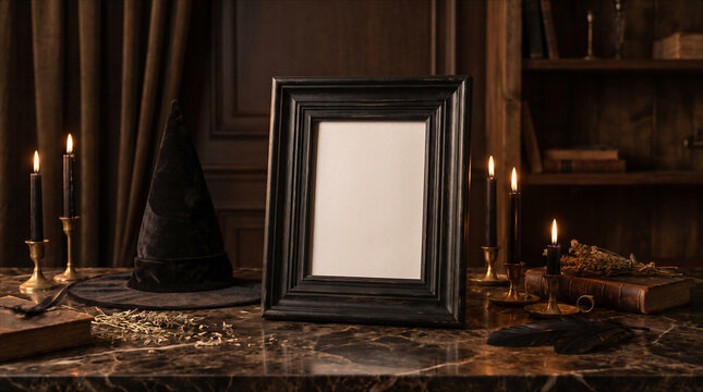Halloween Frame Mockup Witchcraft Aesthetic Dark Academia Mystery Occult Decor Black Candle Wizard Hat Spellbook Marble Surface Mystical Gothic Atmosphere Ritual Space Haunted Mansion Interior Design