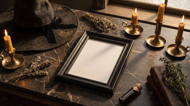 Mystical Witchcraft Altar Workspace Mockup Blank Picture Frame, Taper Candles Dried Herbs Spell Casting Materials Dark Marble Surface Occult Esoteric Ritual Decor Gothic Witchy Atmosphere, Halloween
