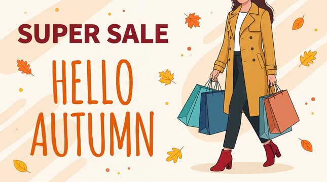 Illustration of a woman in a yellow coat carrying shopping bags with autumn leaves and sale text in a seasonal shopping theme