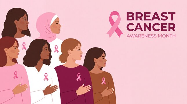 Diverse group of women wearing pink ribbons standing together in solidarity for Breast Cancer Awareness Month on a pink background