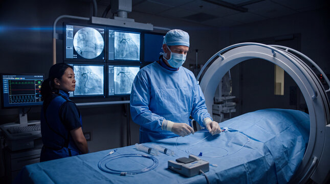 An interventional cardiologist advances a guidewire during an urgent angioplasty while live fluoroscopy and coronary angiogram images glow on the monitor bank above and a nurse watches the.