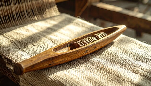 Traditional wooden weaving shuttle resting on handwoven linen fabric on a vintage loom machine in soft natural sunlight