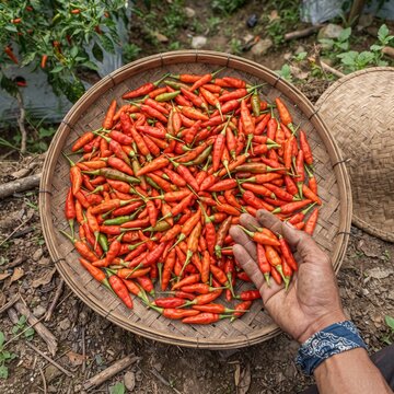 Top-down or Flat lay view of a bunch of datil peppers or cabai rawit (also known as Capsicum frutescens, chili pepper, cabai rawit merah) is freshly harvested by Indonesian Local Farmers from fields