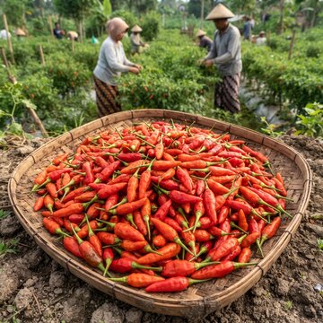 Top-down or Flat lay view of a bunch of datil peppers or cabai rawit (also known as Capsicum frutescens, chili pepper, cabai rawit merah) is freshly harvested by Indonesian Local Farmers from fields