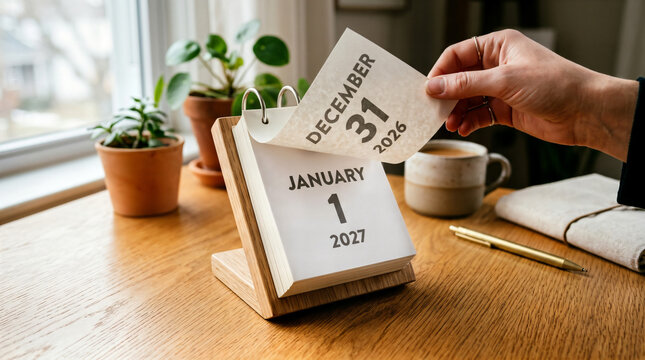 Hand flipping calendar page to january first 2027 with calendar, planning