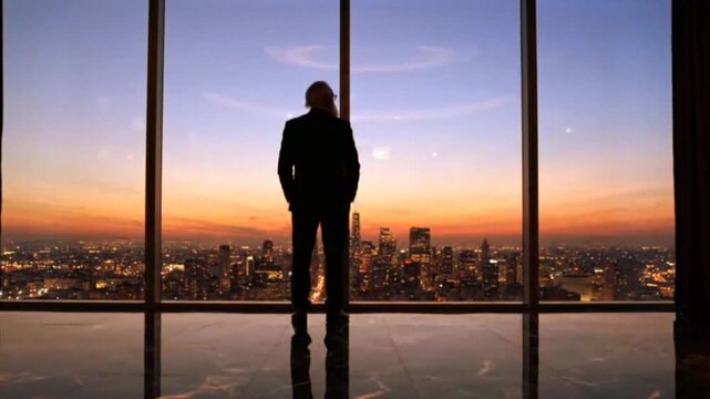 Businessman stands with hands in pockets looking at city panorama, contemplating future success and growth, enjoying evening skyline view with sunset.