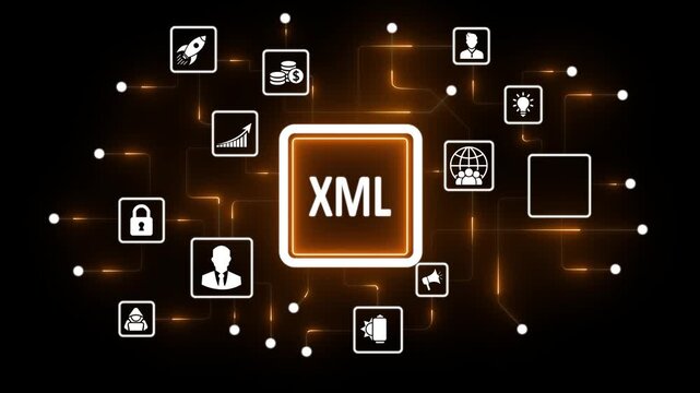 Extensible Markup Language XML technology network with icons and glowing connections on black background
