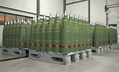 Fototapeta premium 155 mm artillery shells on crates